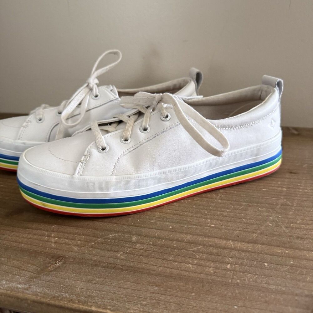Sperry Top Sider Women’s Leather Pride Love White Rainbow Sneakers Shoes Sz 6.5